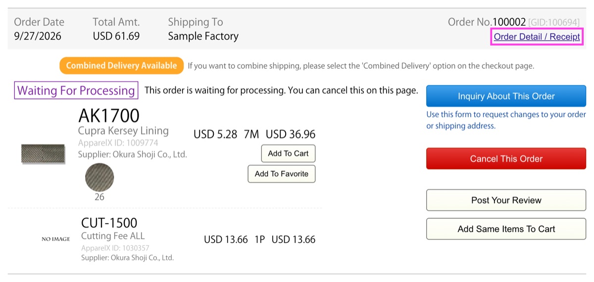 A ligação Detalhes da encomenda / Recibo de uma encomenda no Histórico de encomendas