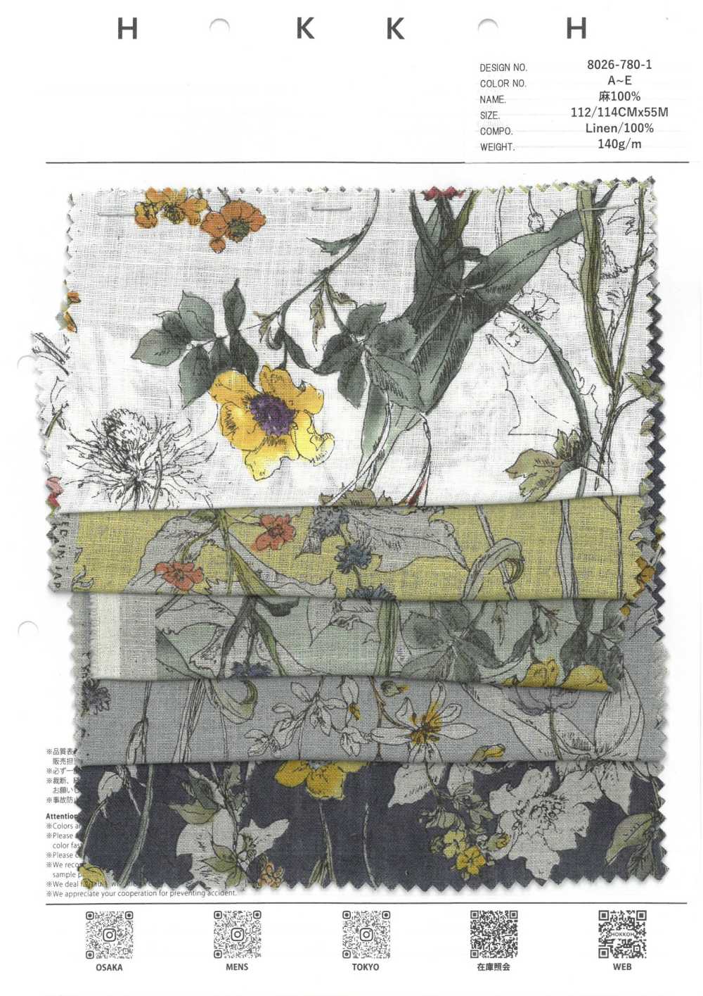 8026-780-1 100% Linho Flores Em Aquarela[Têxtil / Tecido] HOKKOH