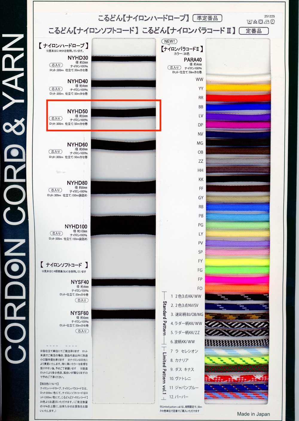 NYHD50 ナイロン パラ コード 5MM 芯入り[Cabo De Fita] Cordon