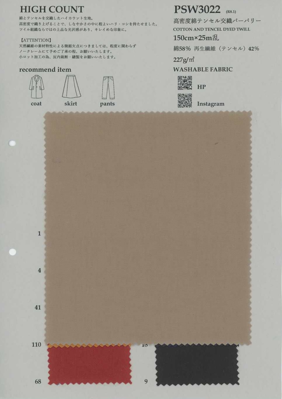 PSW3022 Mistura de algodão e Tencel de alta densidade Burberry[Têxtil / Tecido] KOYAMA