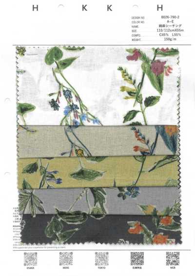 8026-790-2 Tecido cru de algodão e linho com flores desenhadas à mão