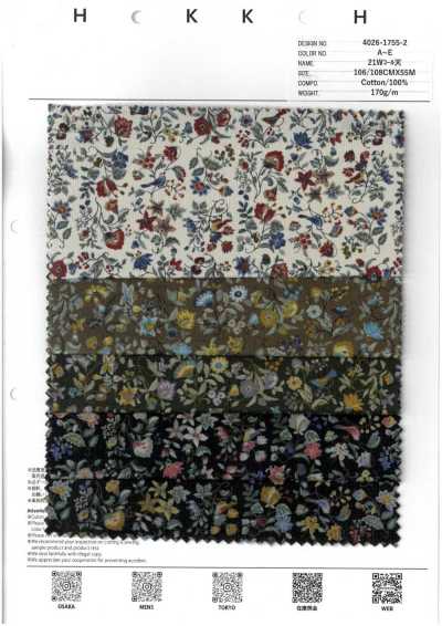 4026-1755-2 Veludo cotelê 21W com pequenas flores e pássaros