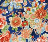 850628 Cambraia floral com padrão japonês dourado, peônia, crisântemo, malva-rosa e tambor[Têxteis / Tecidos] VANCET Mais fotografias