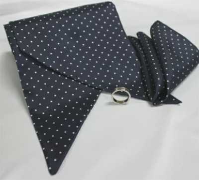 MS-301 Conjunto de estola, gravata e lenço de bolso, padrão de bolinhas, azul-marinho