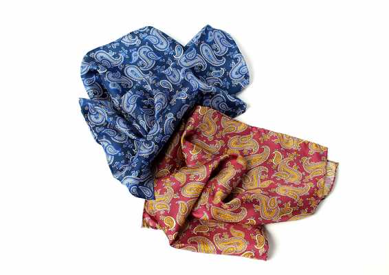 PCF-1 Lenço de bolso com estampa italiana, padrão paisley em seda, azul-marinho / vermelho-vinho