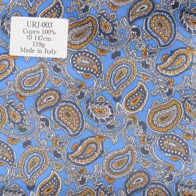 URJ-003 Forro estampado 100% cupro, fabricado na Itália, com padrão paisley azul