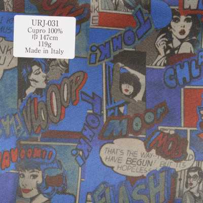 URJ-031 Fabricado na Itália Forro estampado 100% cupro com padrão de quadrinhos em base azul
