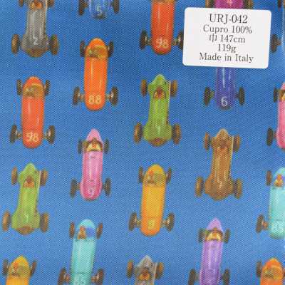 URJ-042 Fabricado na Itália, forro estampado 100% Cupra, padrão de carros clássicos azuis