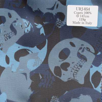 URJ-054 Forro estampado 100% Cupro fabricado na Itália com padrão de esqueletos em tons de azul