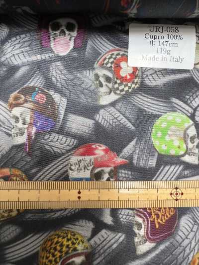 URJ-058 Forro estampado 100% cupro, padrão de caveiras, fabricado na Itália
