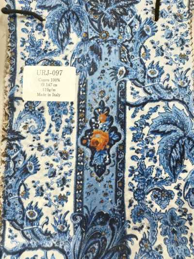 URJ-097 Forro estampado 100% Cupro, fabricado na Itália, paisley azul