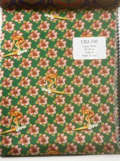 URJ-100 Forro estampado 100% Cupro, feito na Itália, padrão floral, verde