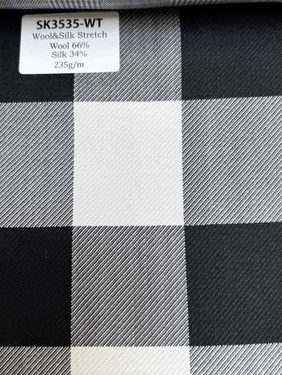 SK3535-WT Xadrez branco clássico em seda e lã com elasticidade, fabricado no Japão