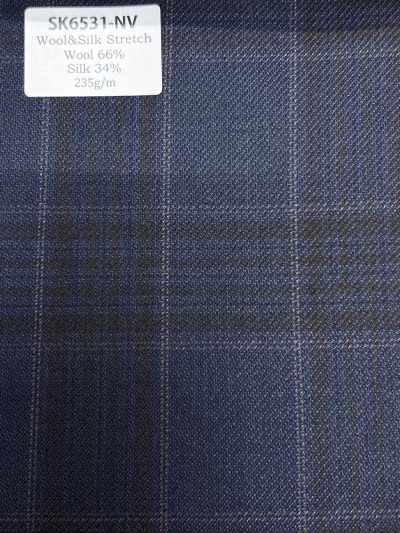 SK6531-NV Xadrez azul-marinho elástico de seda e lã fabricado no Japão