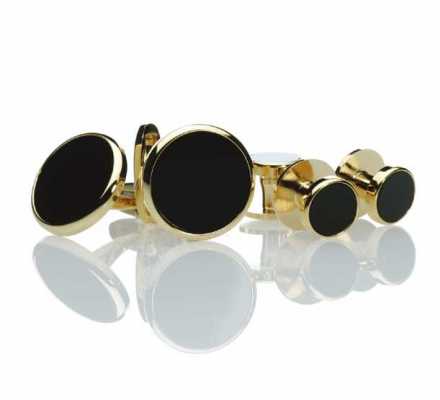 F-1 Conjunto formal de abotoaduras e botões Ônix Dourado Redondo