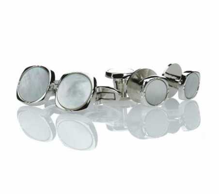 K-3 Conjunto formal de abotoaduras e botões de camisa em prata pura, madrepérola, prata, quadrado arredondado
