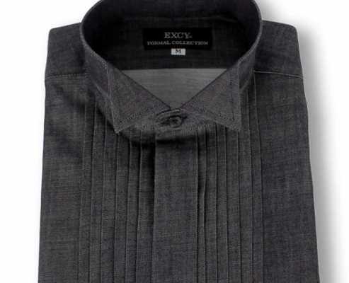 ST-509D Camisa plissada super slim em denim de algodão Pima com gola asa