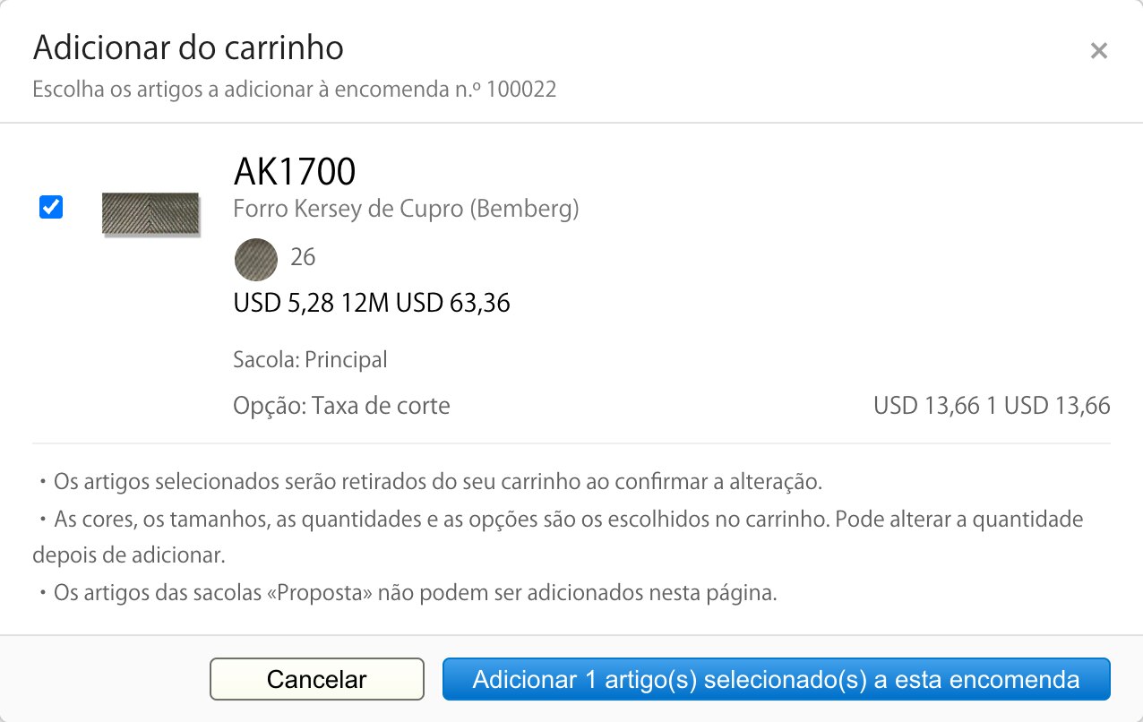 [Nova funcionalidade] Altere a encomenda no histórico: adicione artigos, mude quantidades e cores
